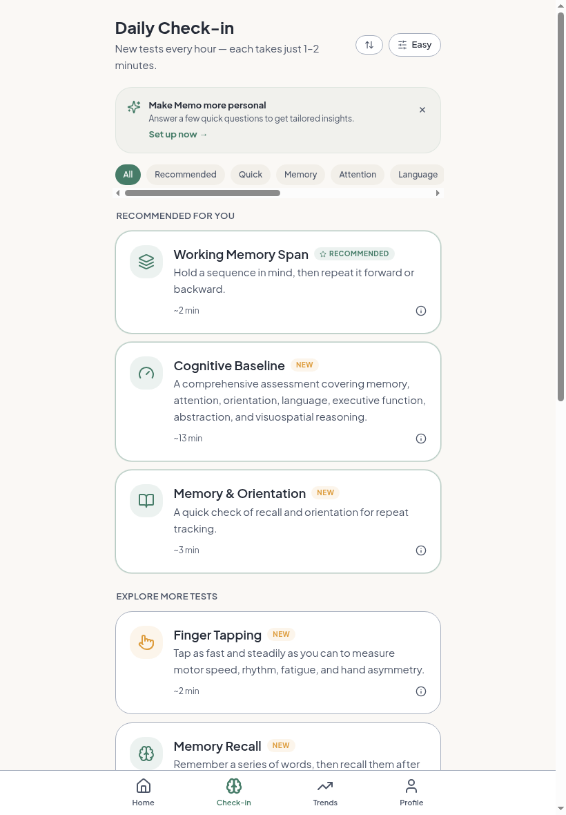 Memo cognitive check-in catalog on iPad